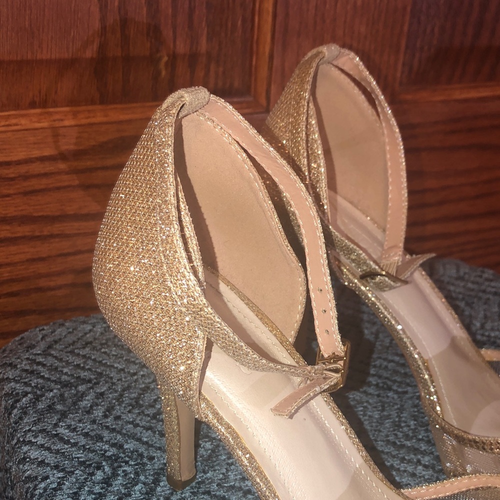 David's Bridal Sparkling Gold Strappy Heels - Picture 4 of 13